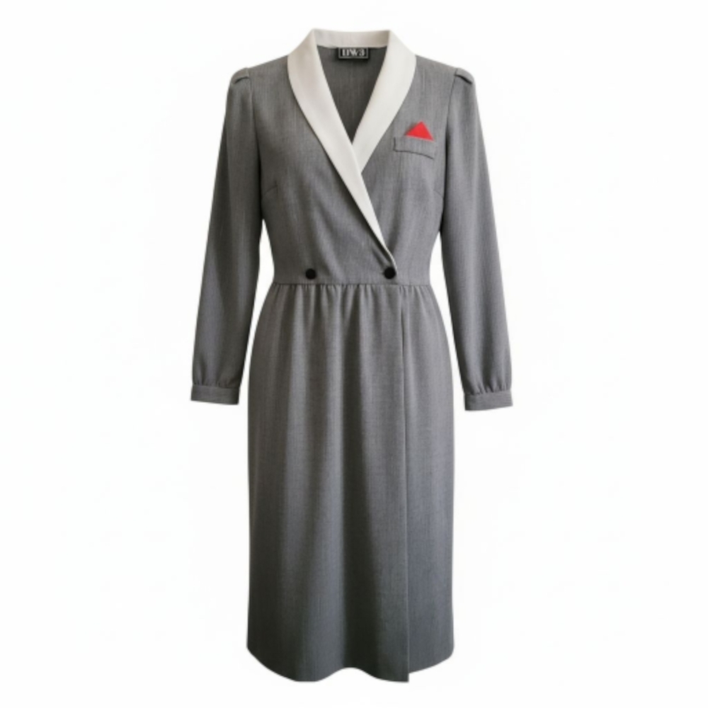 Vintage Gray Pinstripe Tuxedo Midi Wrap Dress By DW3 Sz M